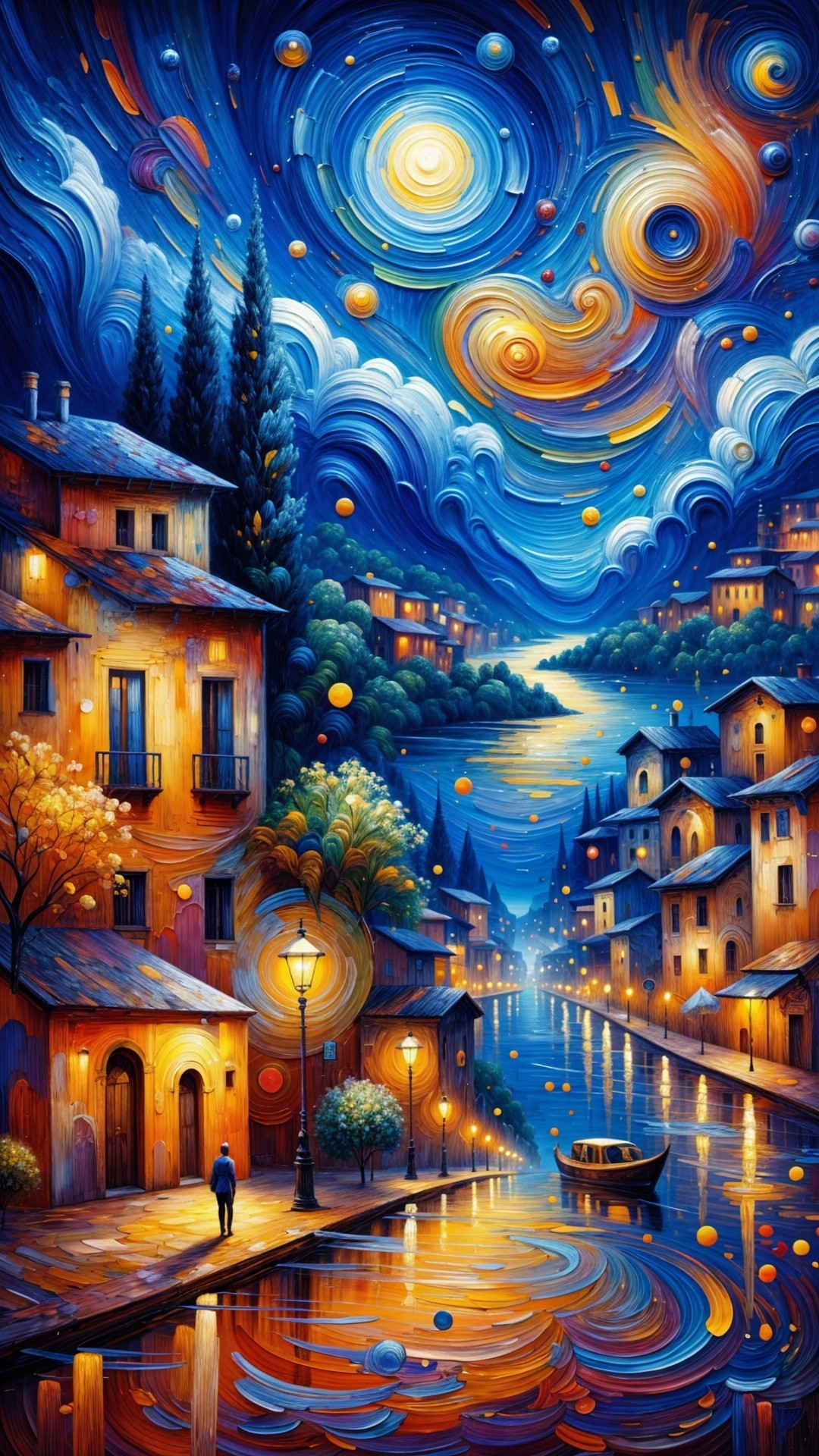 Vibrant Night Scene of a Town by a Shimmering River