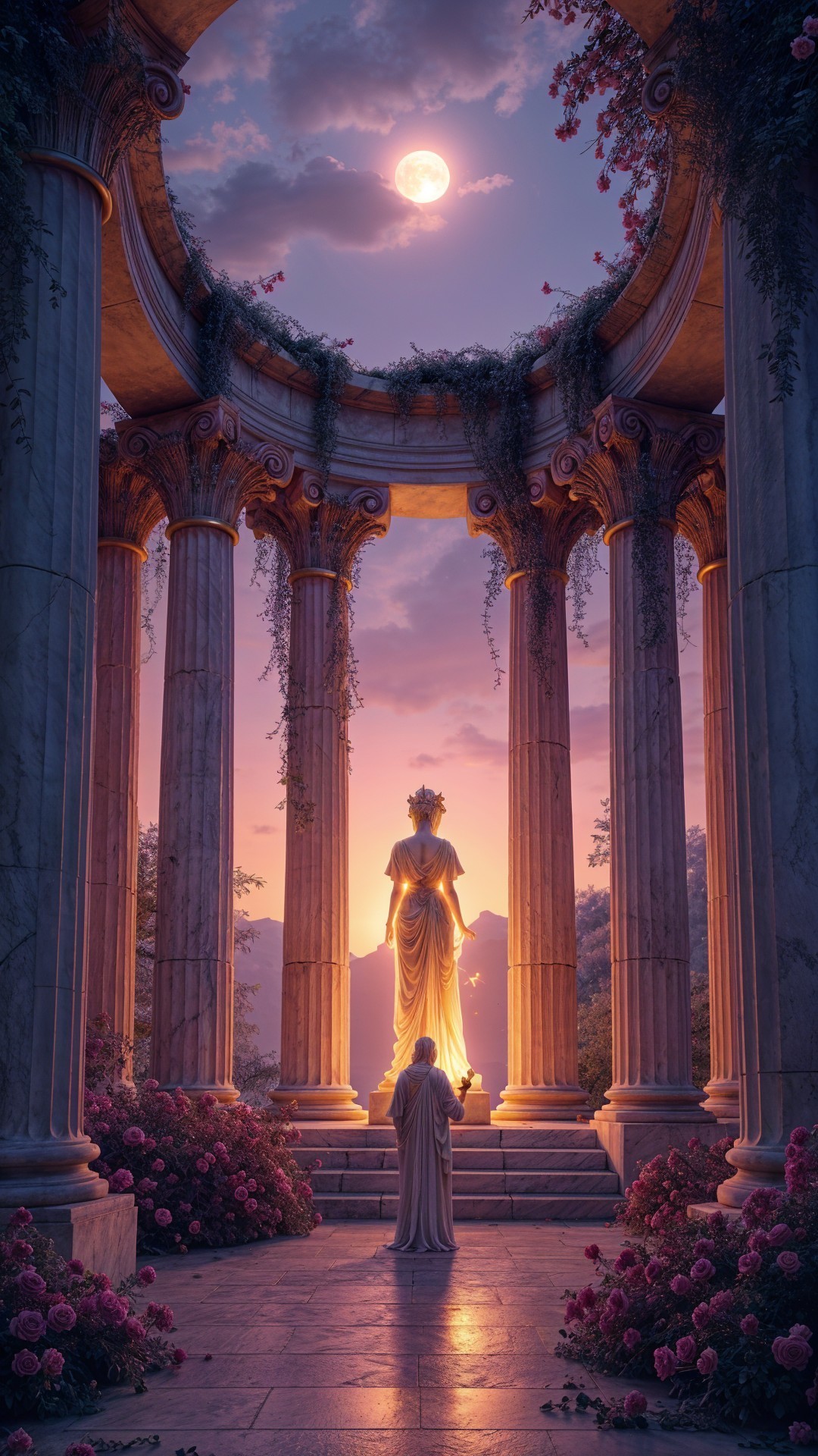 Lone Figure at Majestic Goddess Statue Under Moonlight