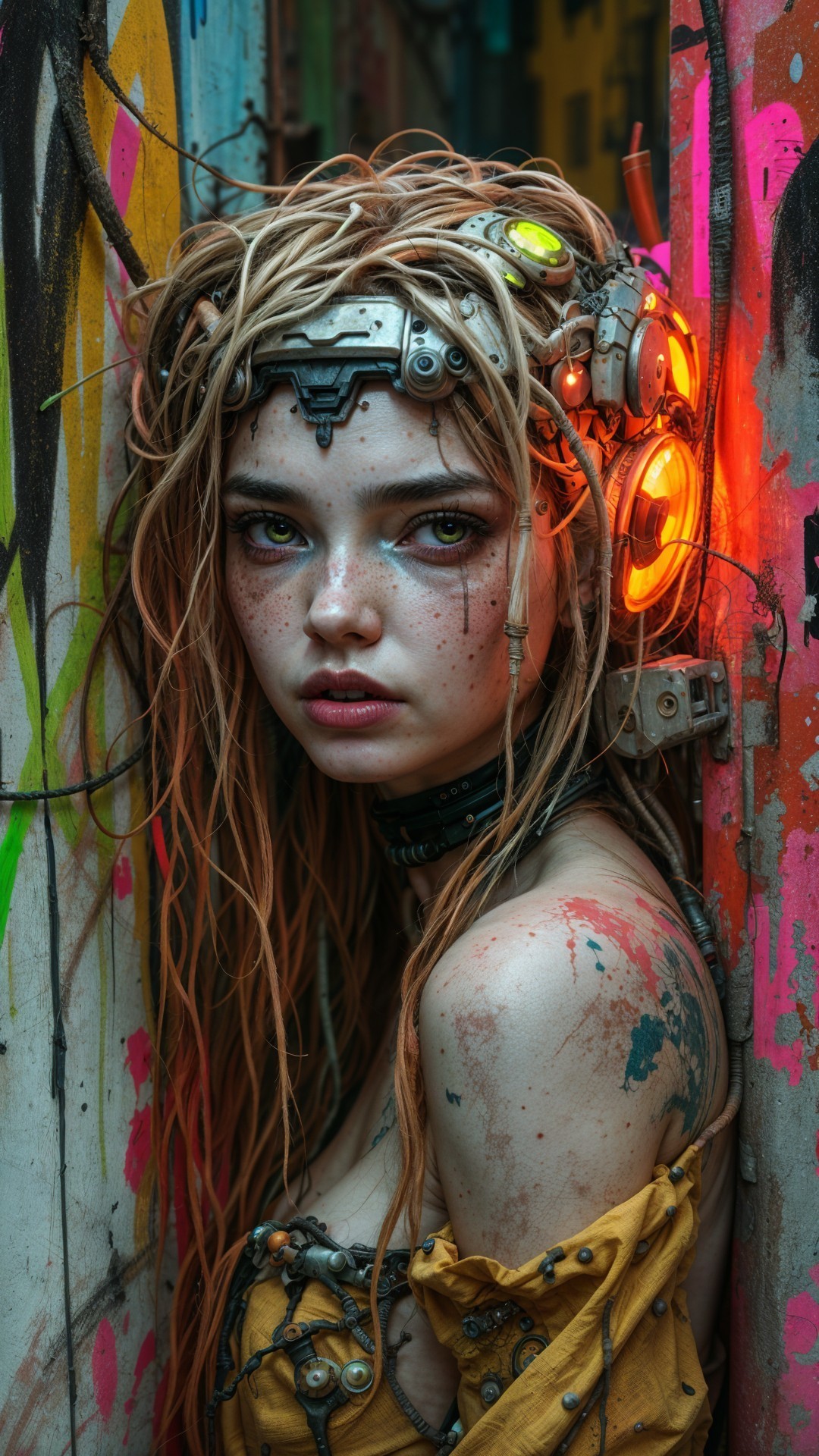 Young woman in tattered dress by graffiti wall