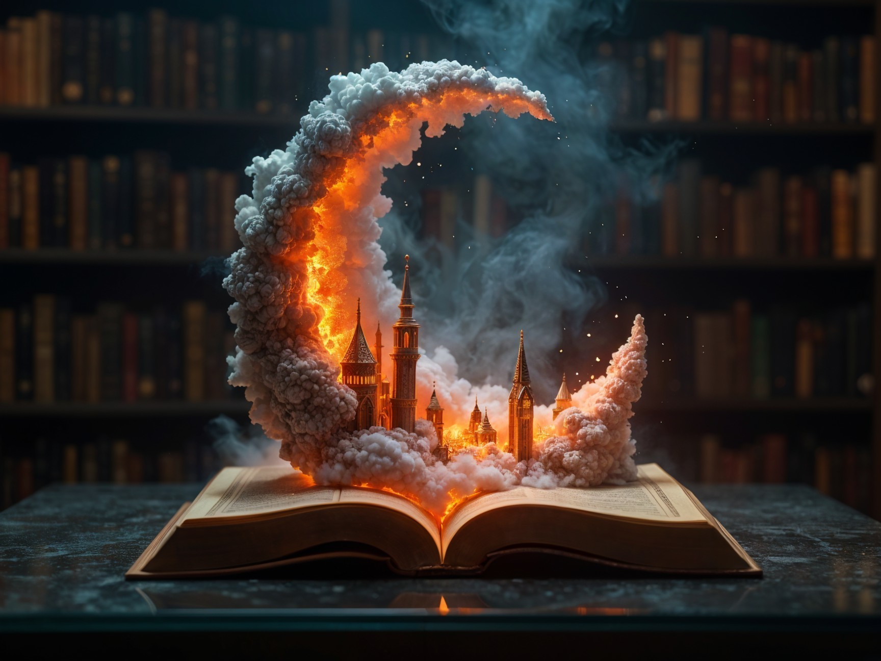 Enchanted book reveals majestic cityscape and library