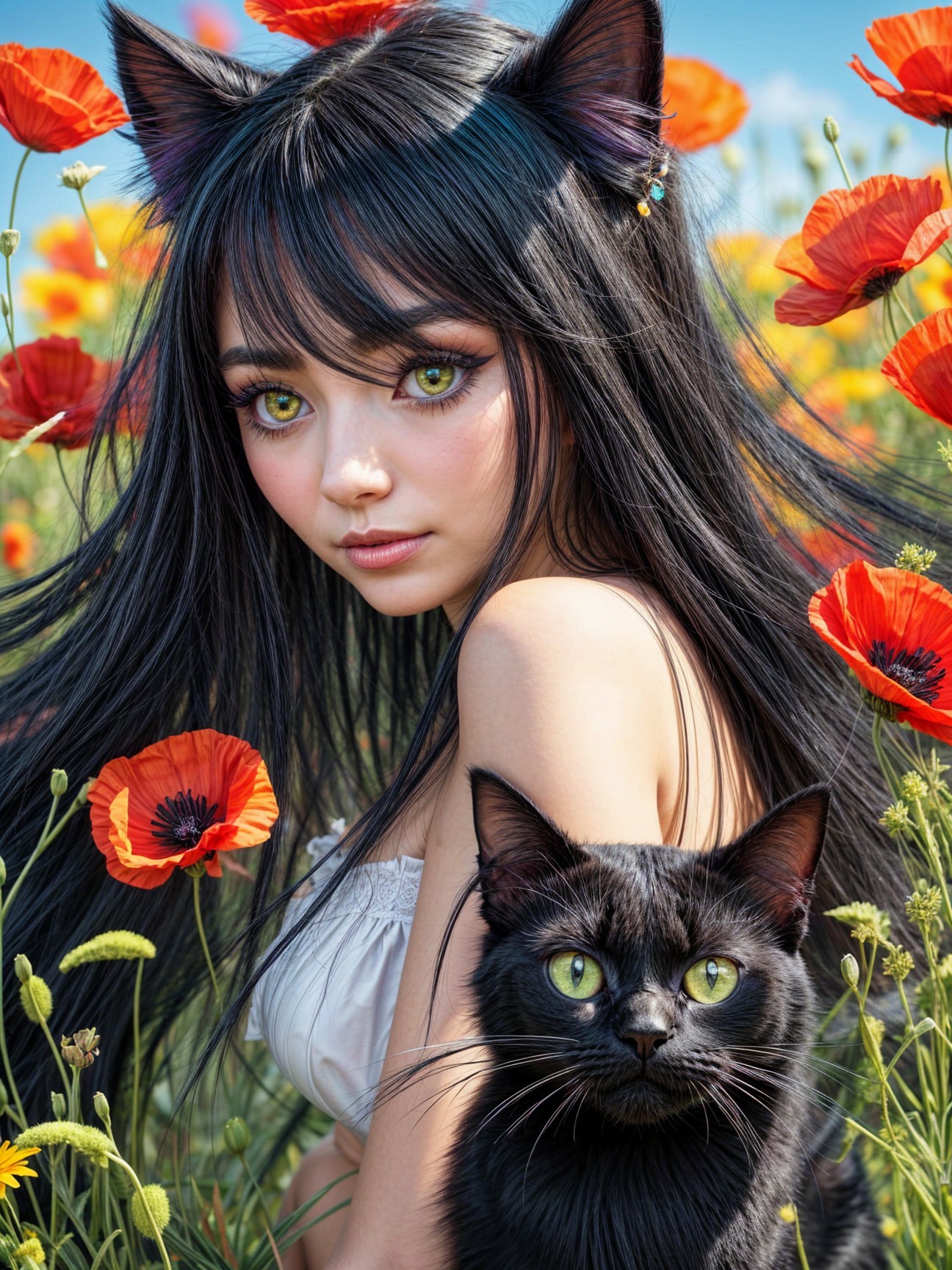 Young Woman and Black Cat in Orange Poppy Field