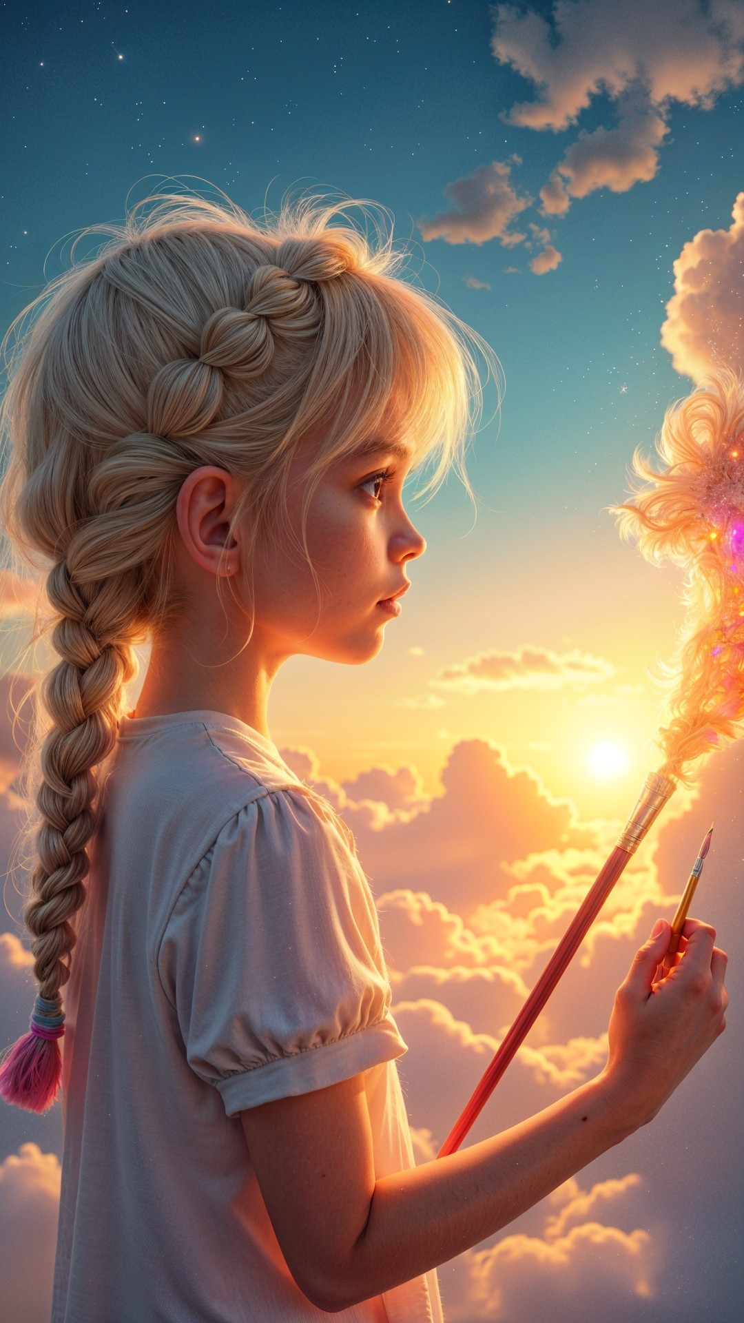Young girl with braided hair in a dreamy sunset scene
