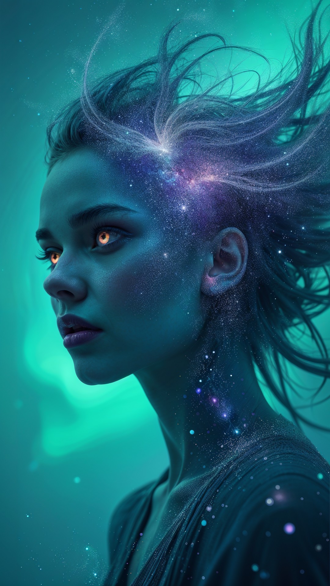 Portrait of a woman with cosmic elements and orange eyes