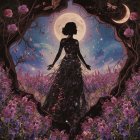 Mystical Scene with Glowing Moon and Flowers