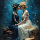 Elegant women in gowns amid cosmic book setting