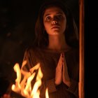 Woman in dim room with wooden mirror and firelight