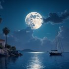 Tranquil Night Seascape with Full Moon and Villa