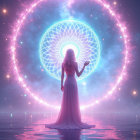 Serene Figure on Reflective Water with Cosmic Mandala