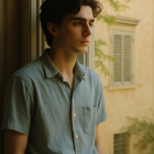 Young woman in blue blouse gazes out window thoughtfully
