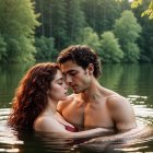 Young couple embraces in serene water with sunlight glow