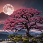 Majestic tree with red foliage under a full moon