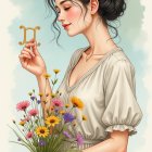 Elegant Woman with Flowers and Golden Stand