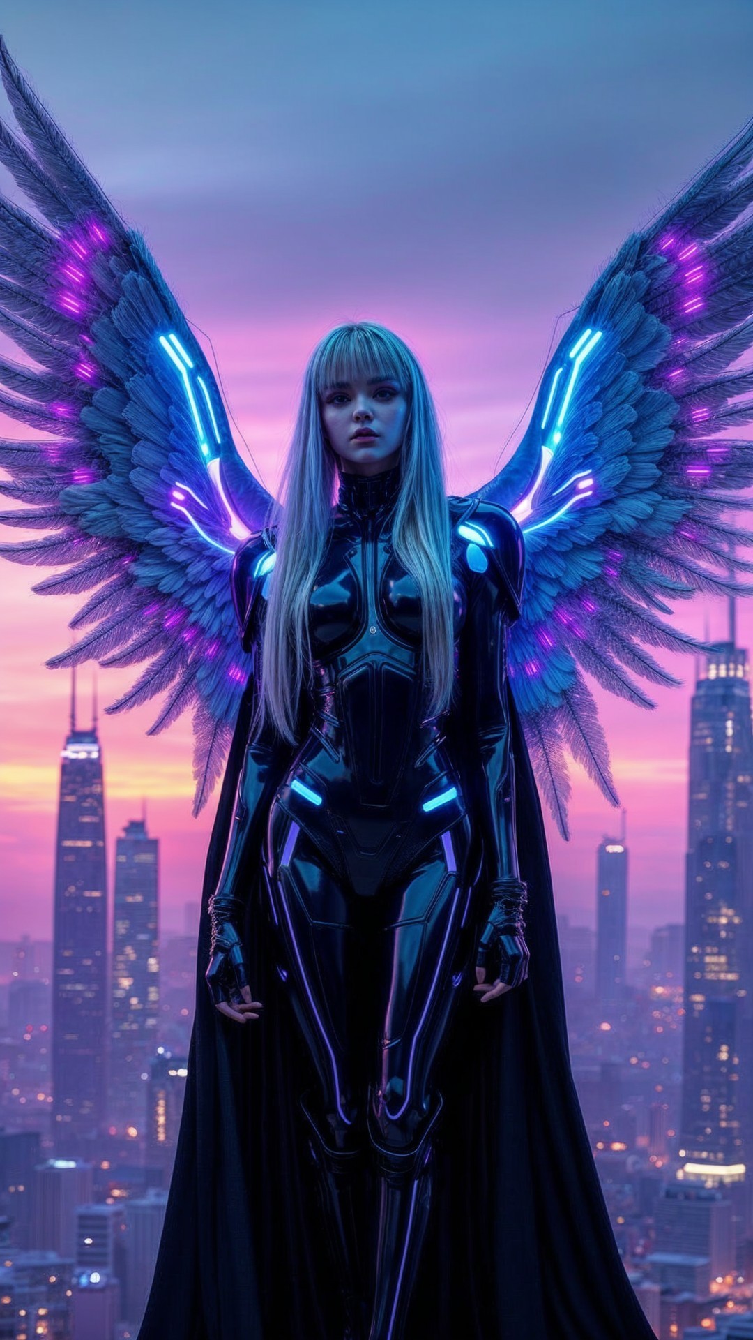 Futuristic figure with glowing wings in city skyline
