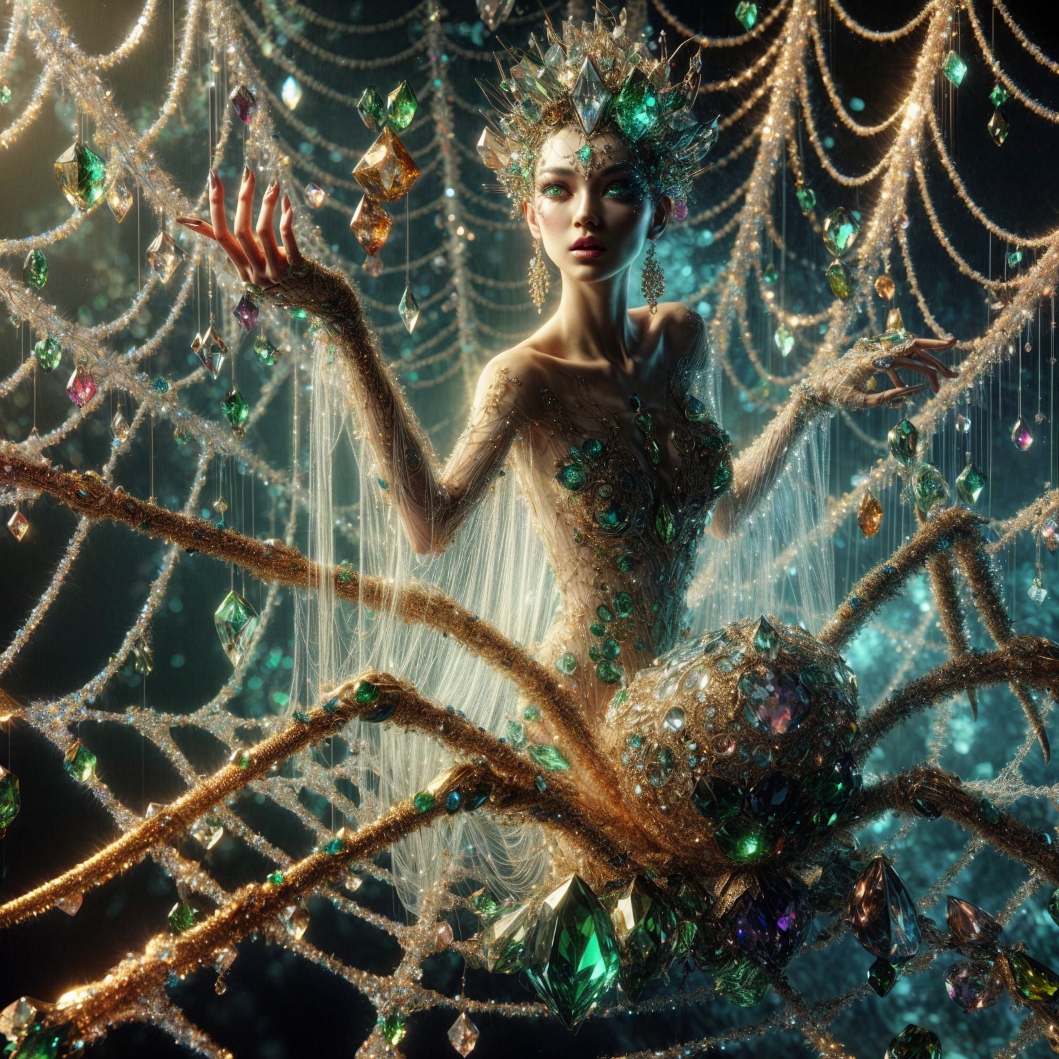 Elegant Figure in Crystal Gown with Ethereal Pose