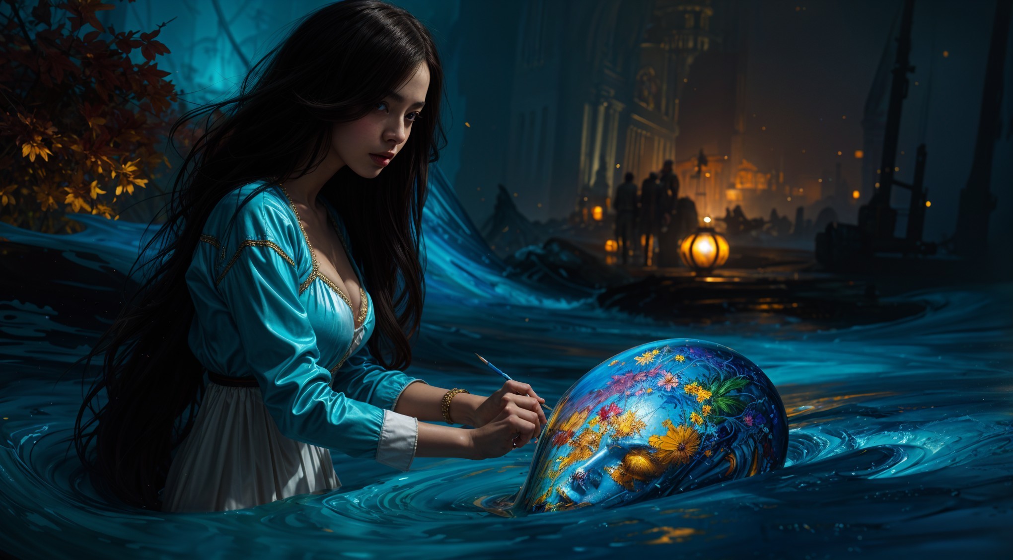 Young woman painting floral design on submerged mask