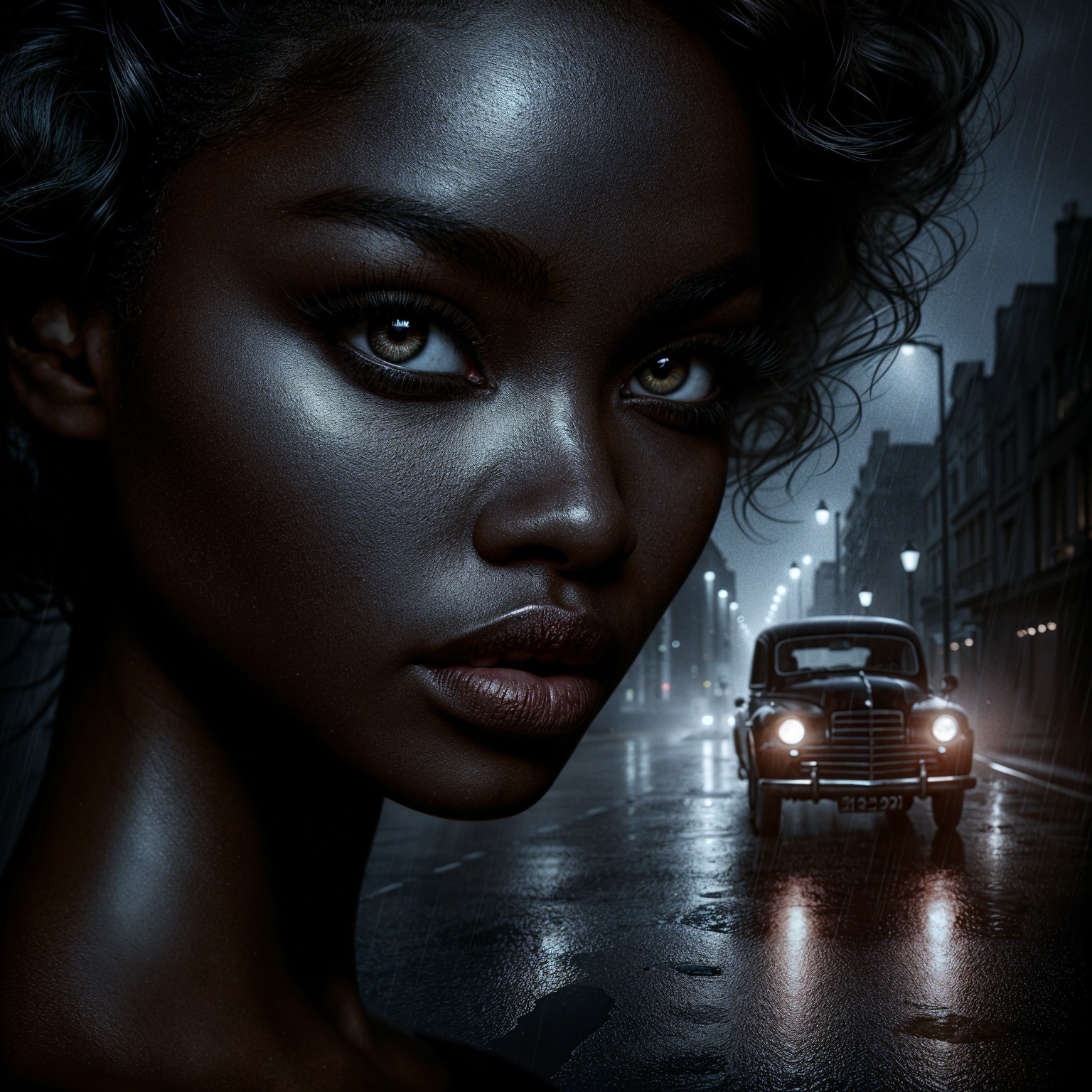 Portrait of a woman in a rainy urban setting