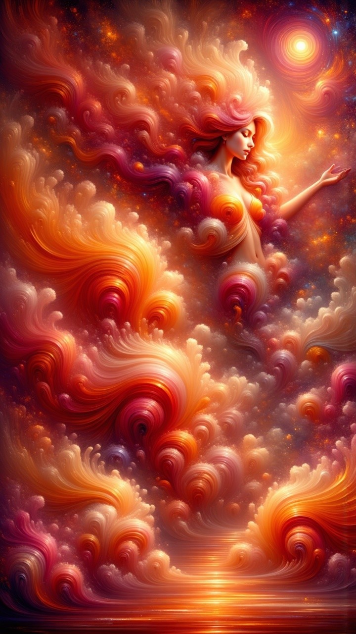 Ethereal figure in vibrant, swirling clouds of color