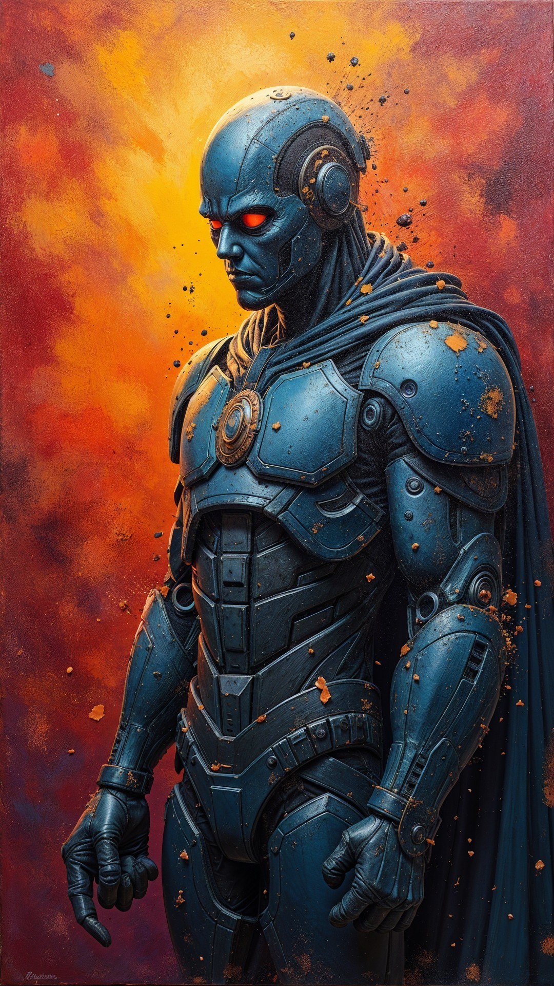 Futuristic Warrior in Armored Blue Against Orange Background