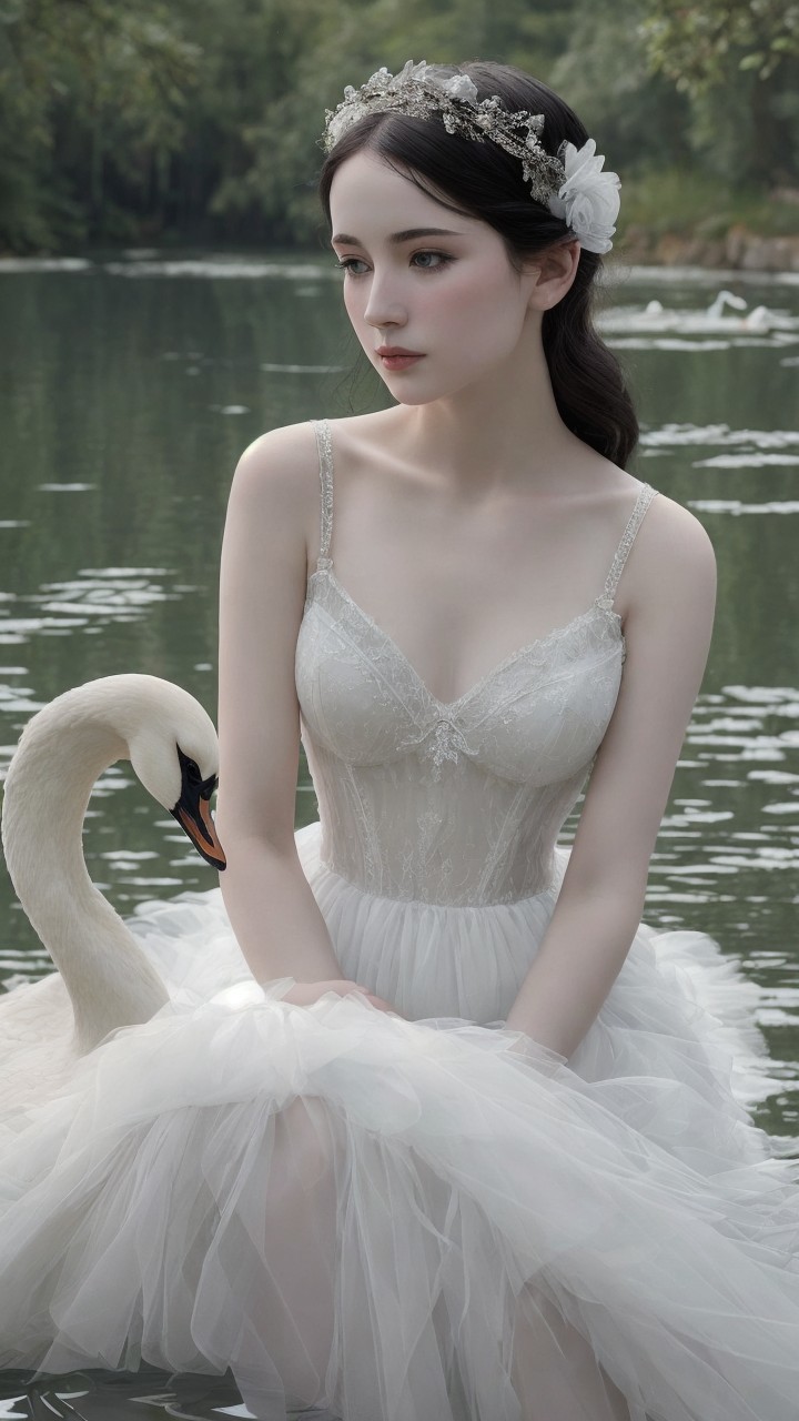 Tranquil Lake Scene with Woman and Majestic Swan