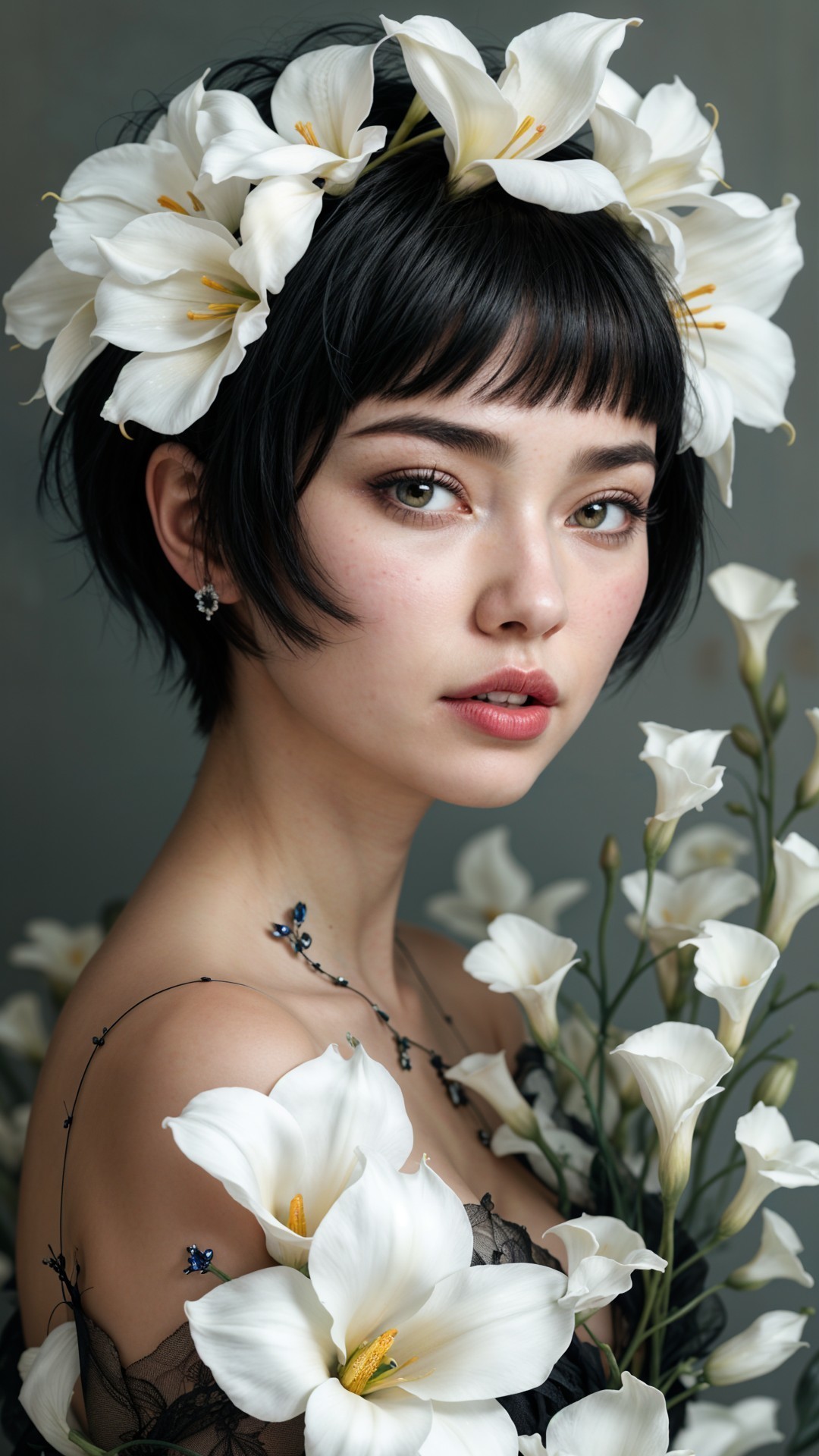 Young woman with lilies in serene floral portrait