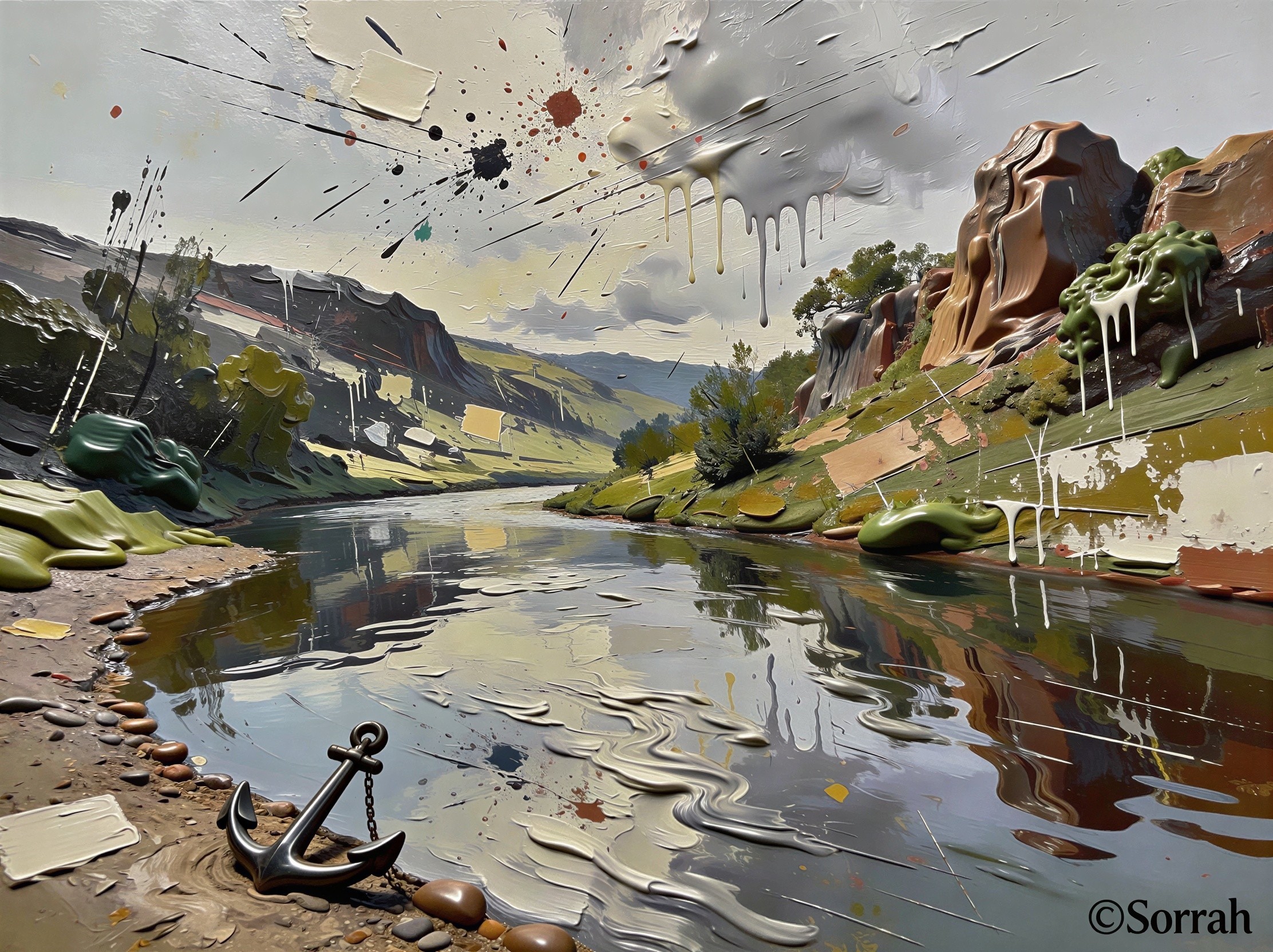 Abstract Landscape with Reflective River and Anchor