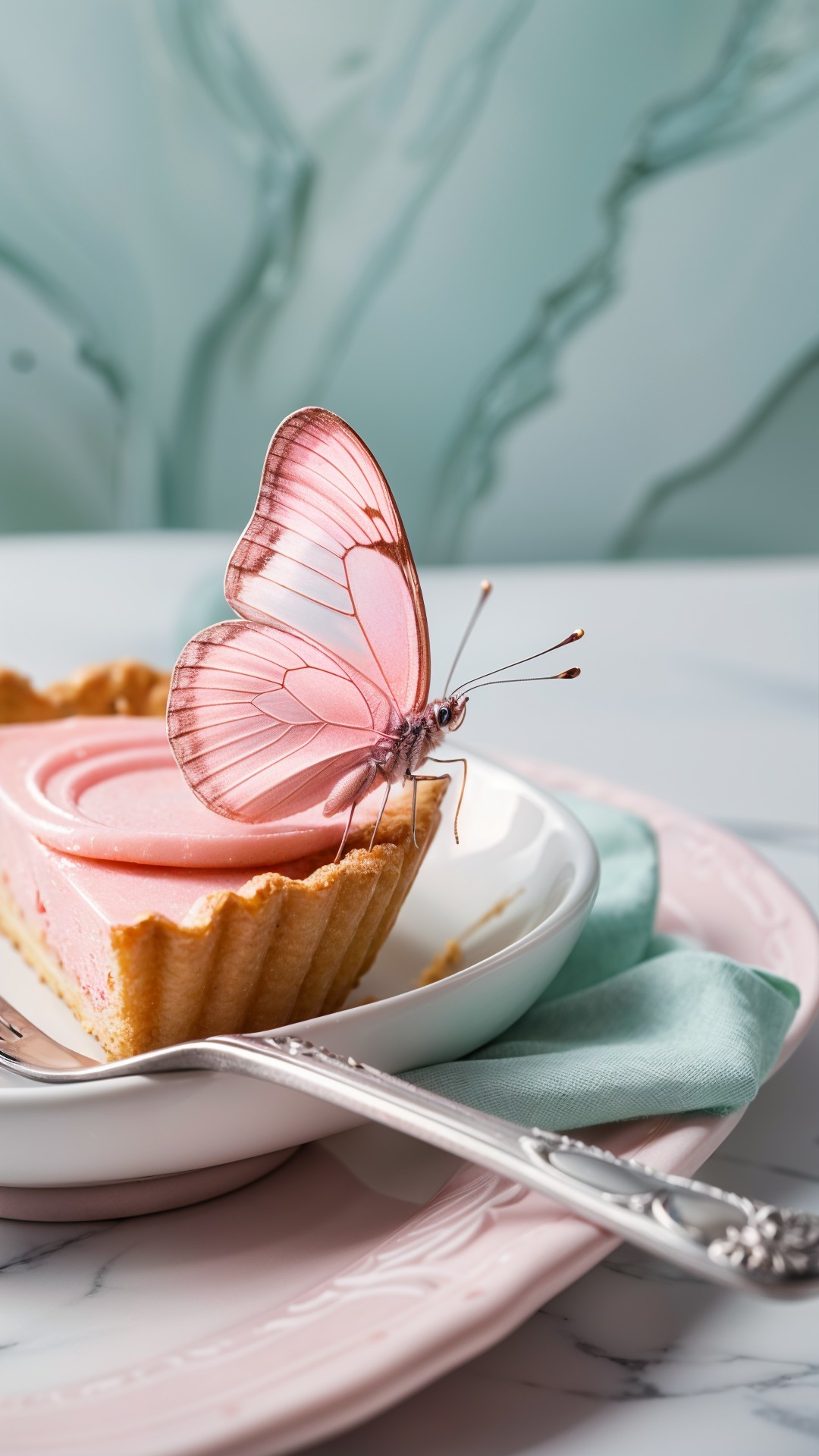 Pink Butterfly on Creamy Dessert with Elegant Setting