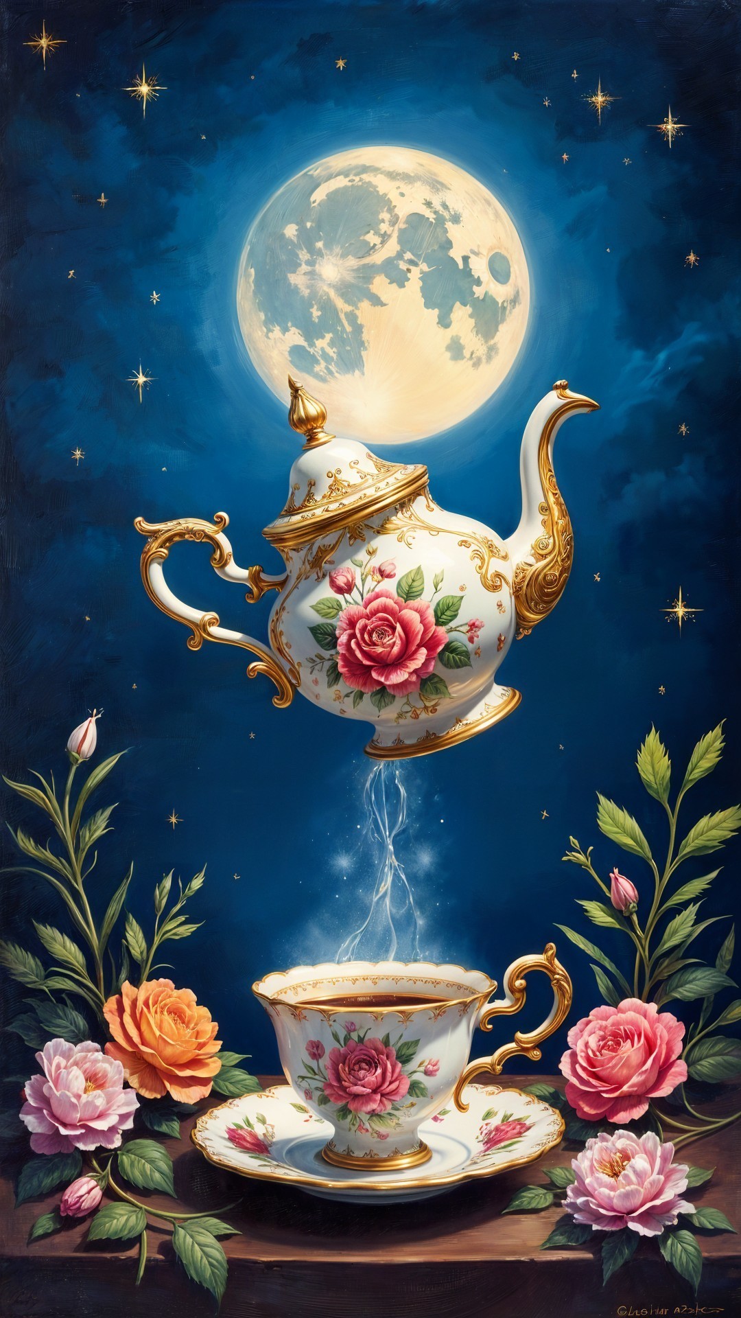 Ornate Teapot and Cup with Roses and Moonlit Background