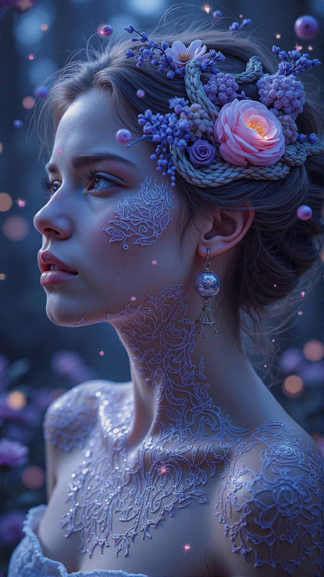 Serene Portrait of Woman with Floral and Lace Designs