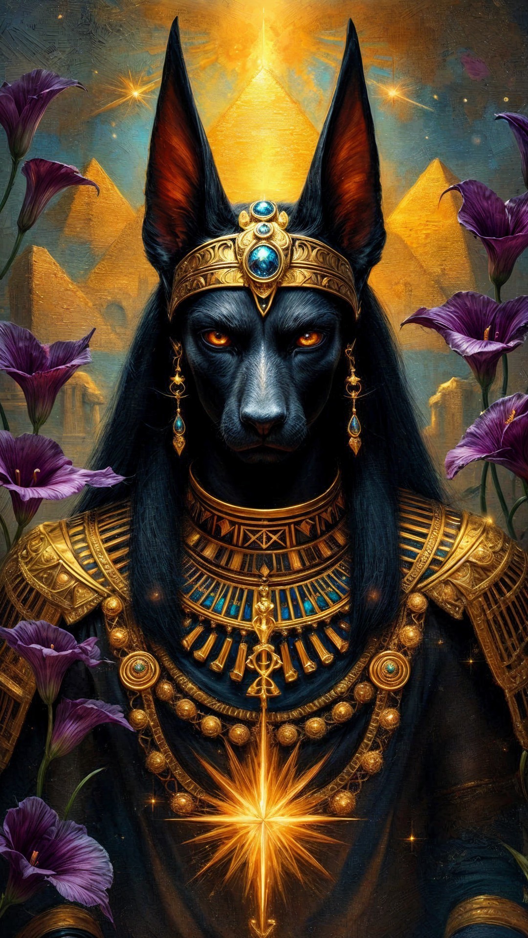 Regal Black Dog with Egyptian-Inspired Jewelry and Pyramids