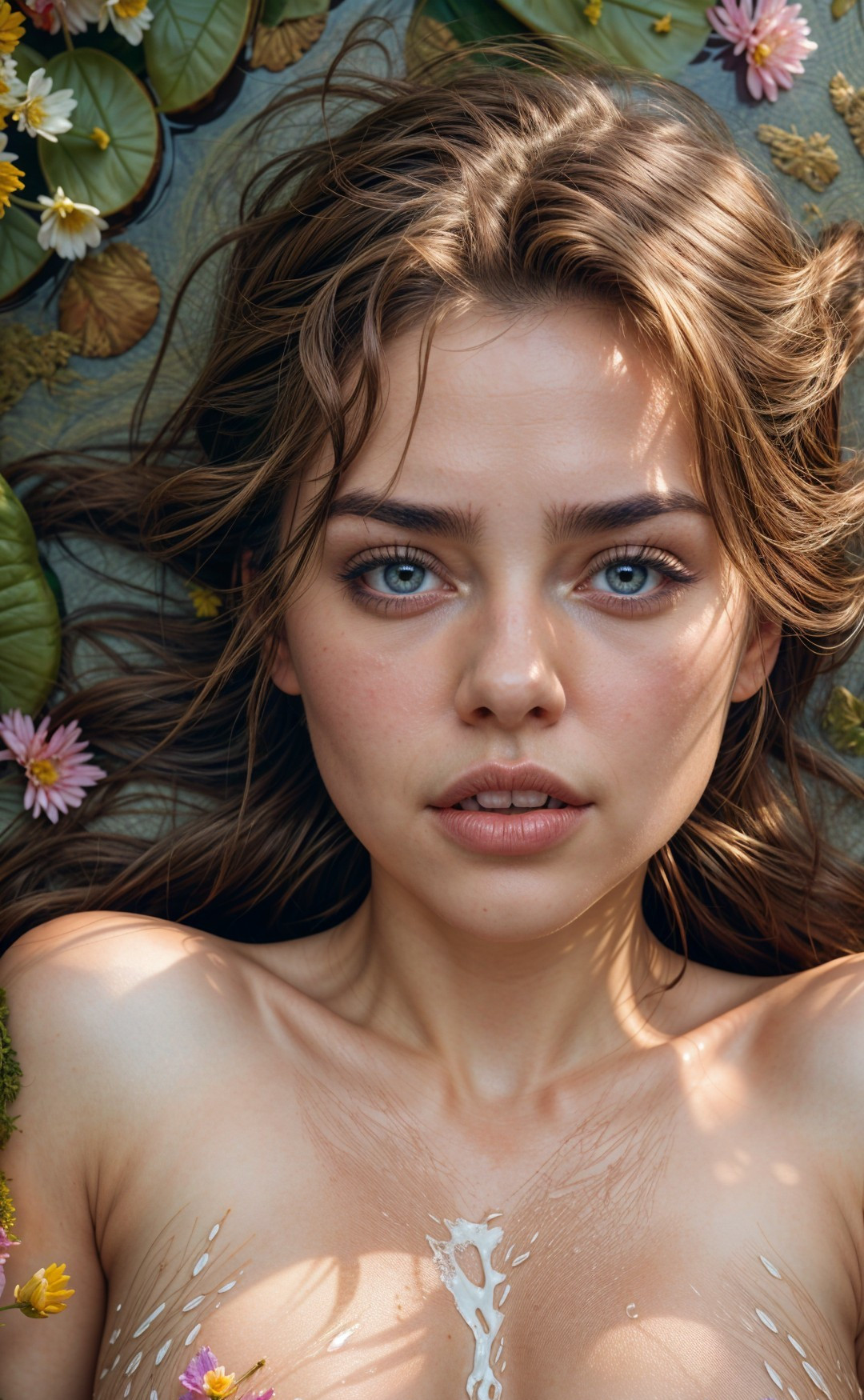 Close-Up Portrait of a Young Woman Among Water Lilies