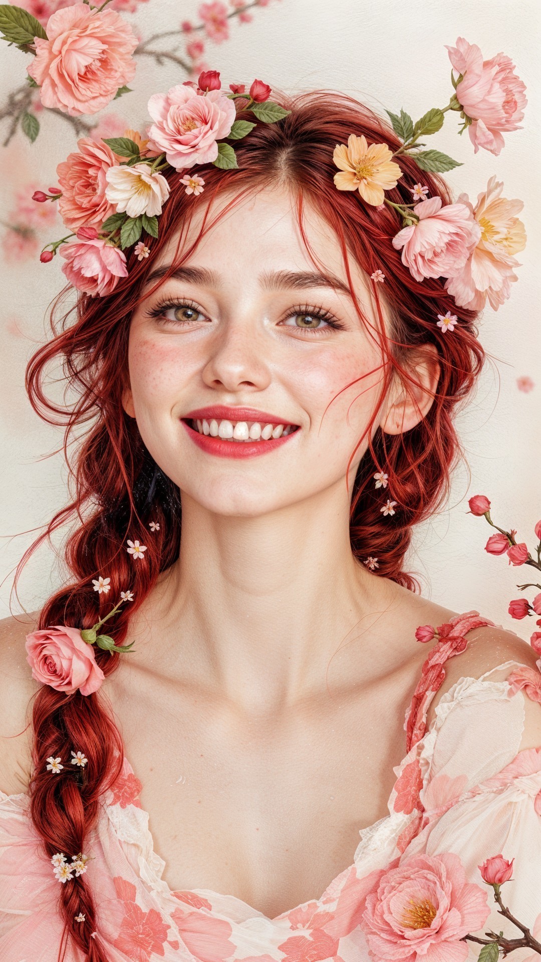 Young woman with red hair and floral background