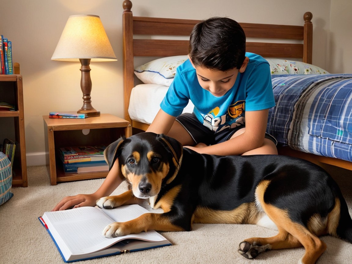 Cozy Bedroom Scene with Boy and Dog Reading Together