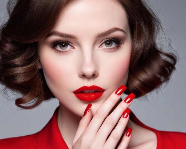Elegant Portrait of a Woman with Wavy Hair and Red Accents