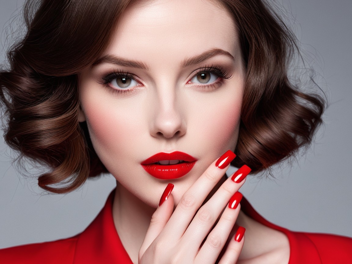 Elegant Portrait of a Woman with Wavy Hair and Red Accents