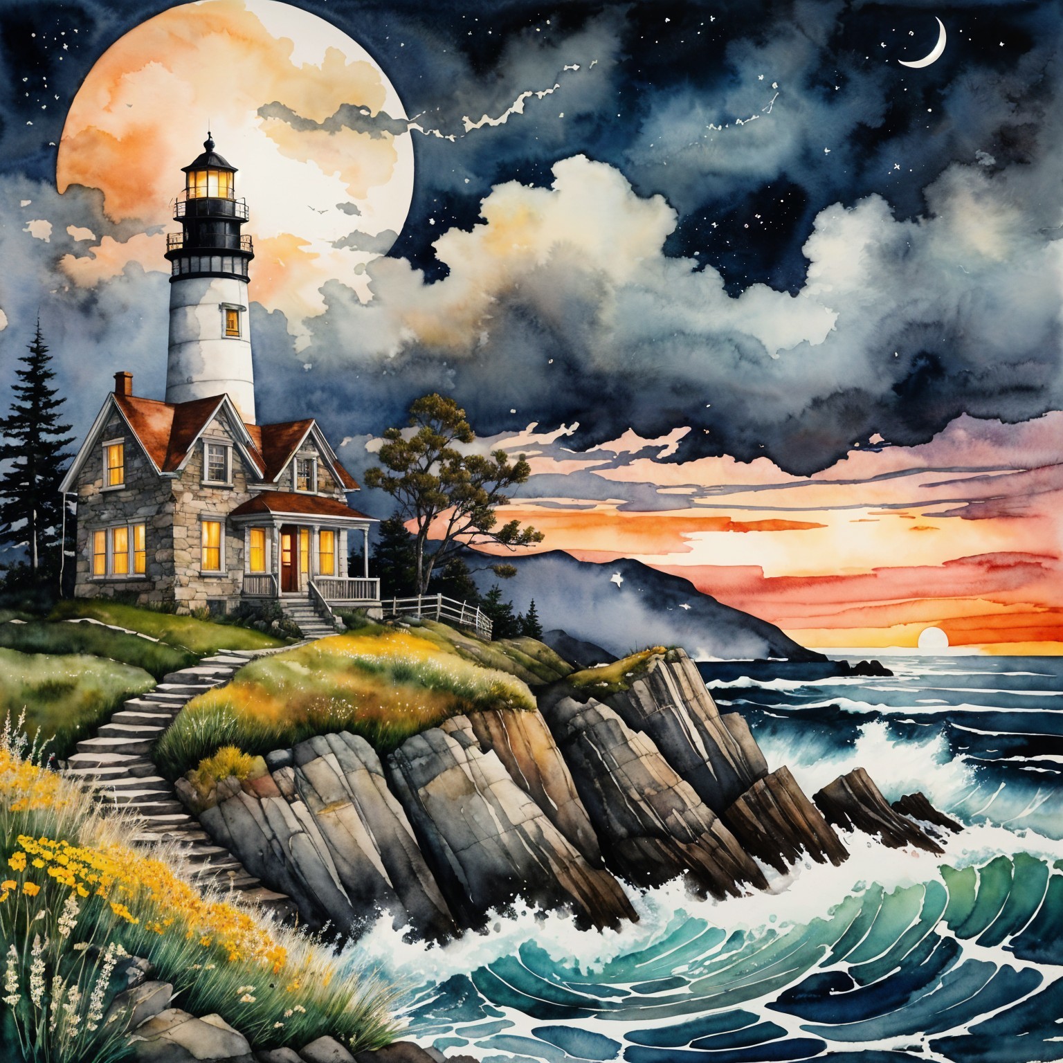 Lighthouse on Cliff with Moonlit Sky and Waves