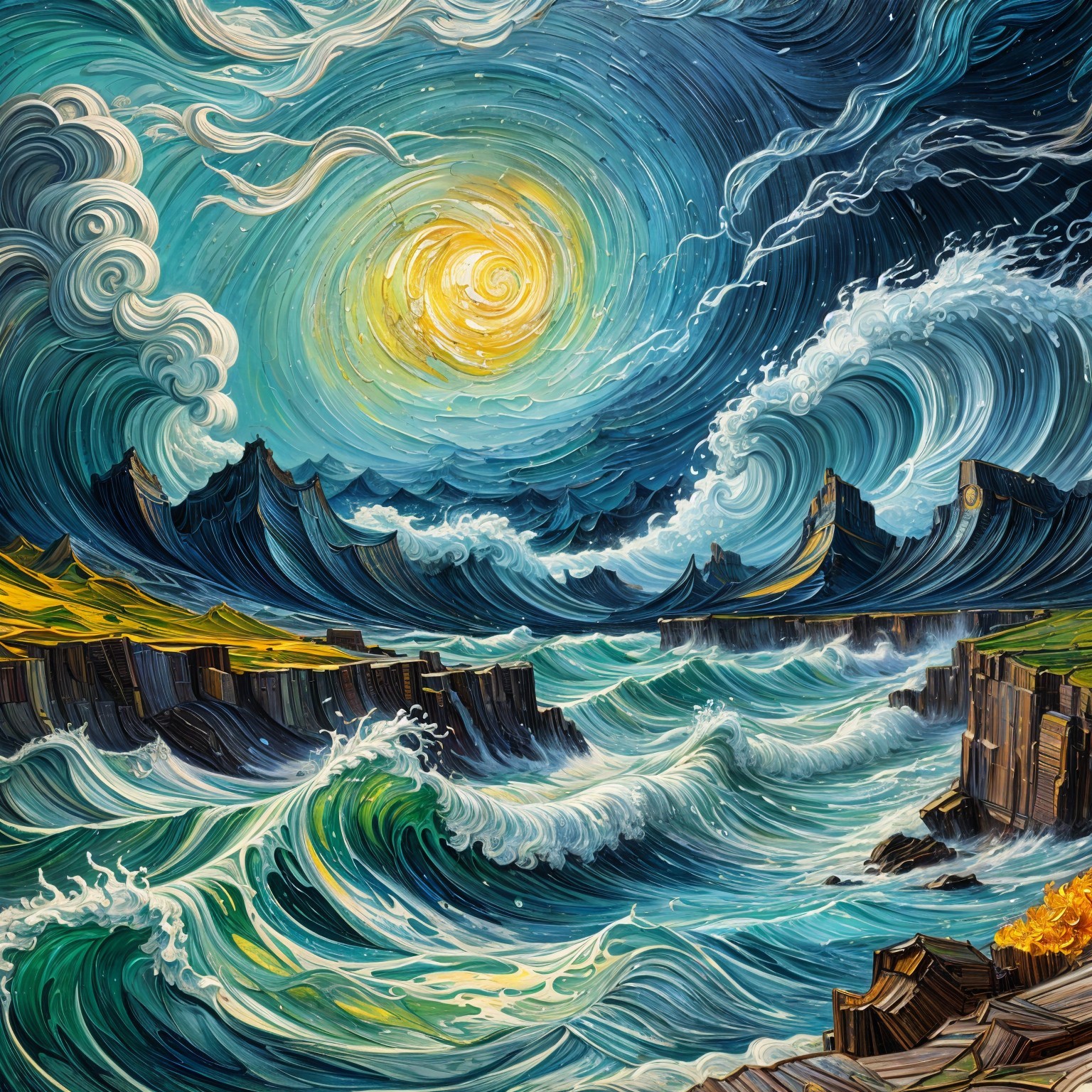Vibrant Seascape with Tumultuous Waves and Cliffs