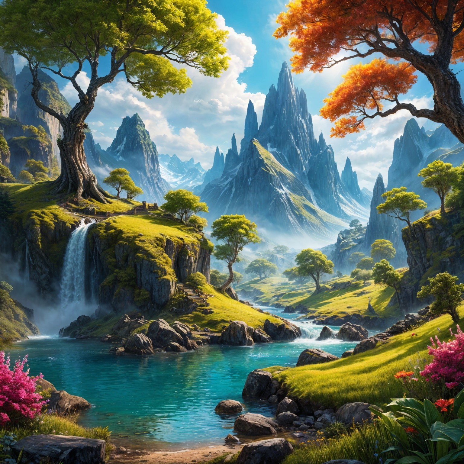Breathtaking Landscape with Mountains, River, and Flowers