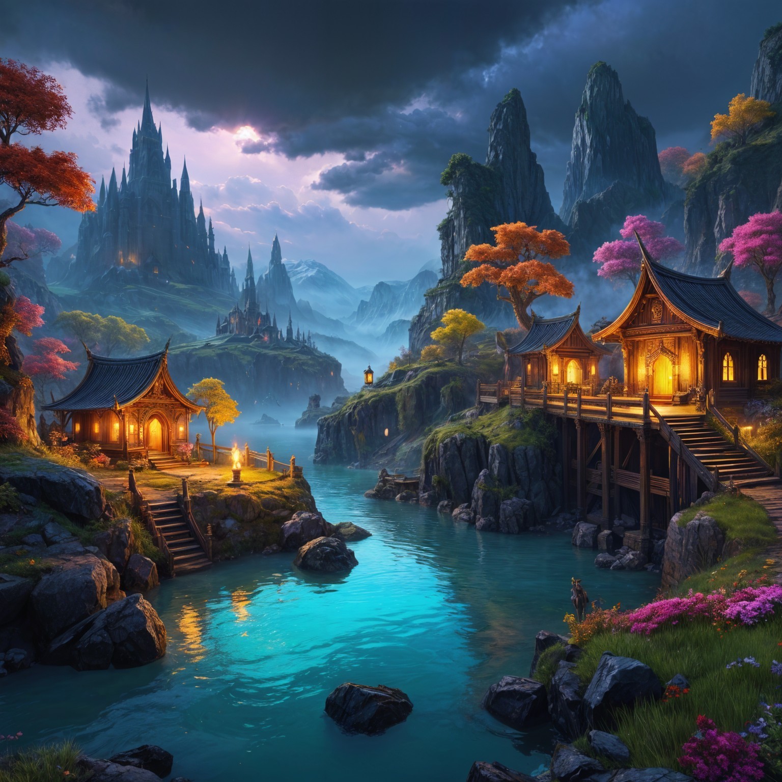 Serene Asian Landscape with River and Autumn Foliage