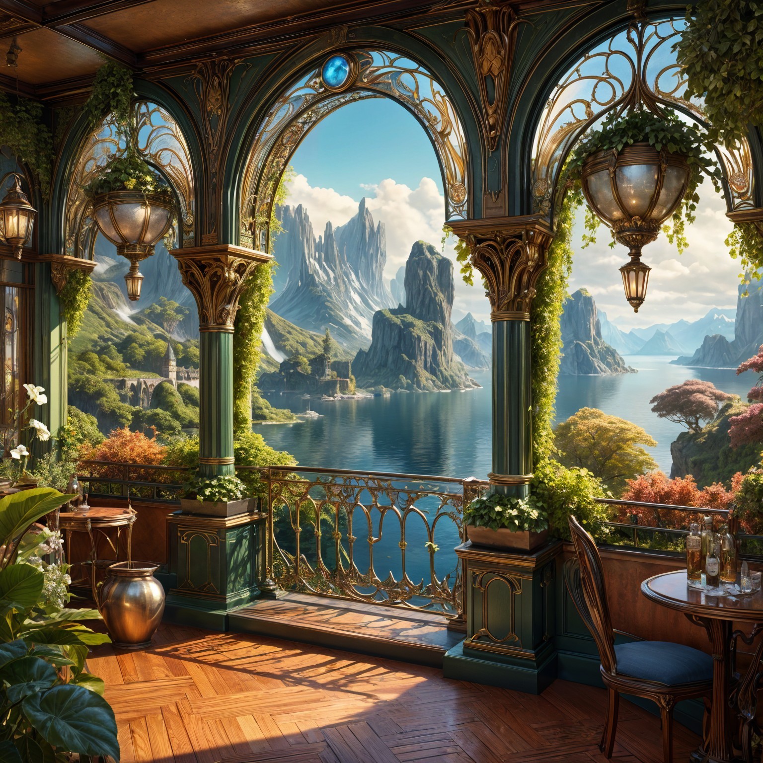Elegant Balcony View of Serene Lake and Mountains