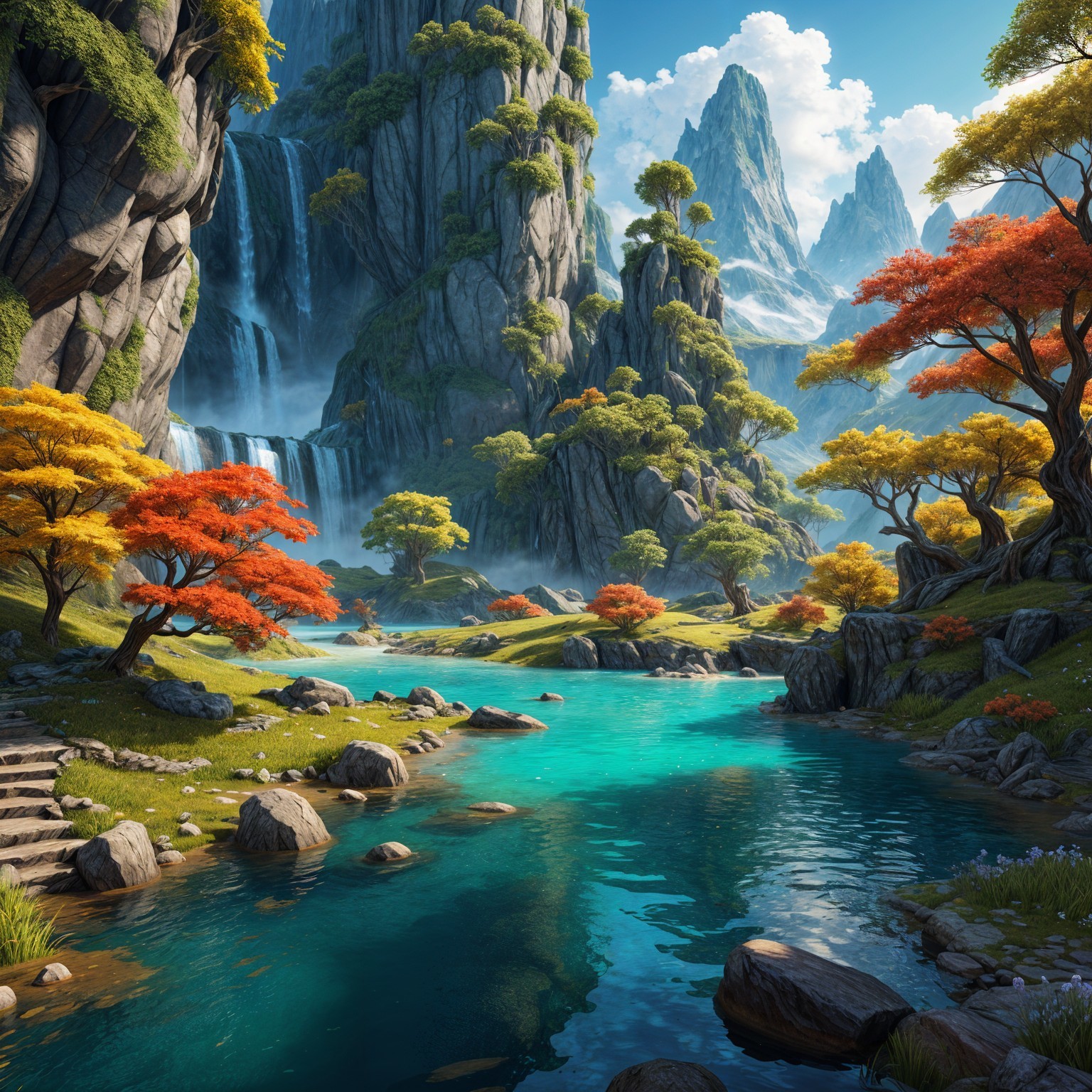Vibrant Autumn Landscape with River and Waterfalls