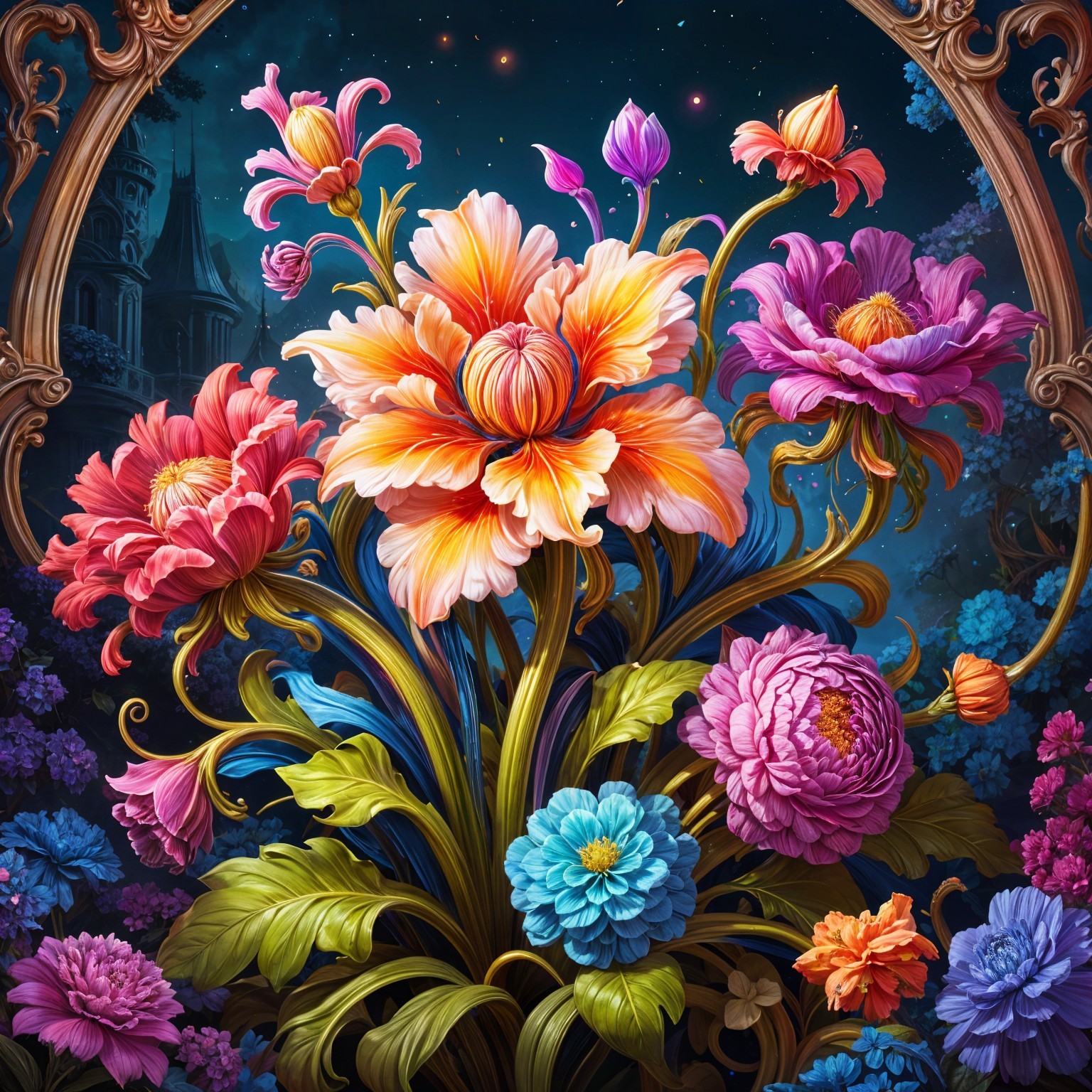 Oversized flowers in vibrant colors with a mystical backdrop