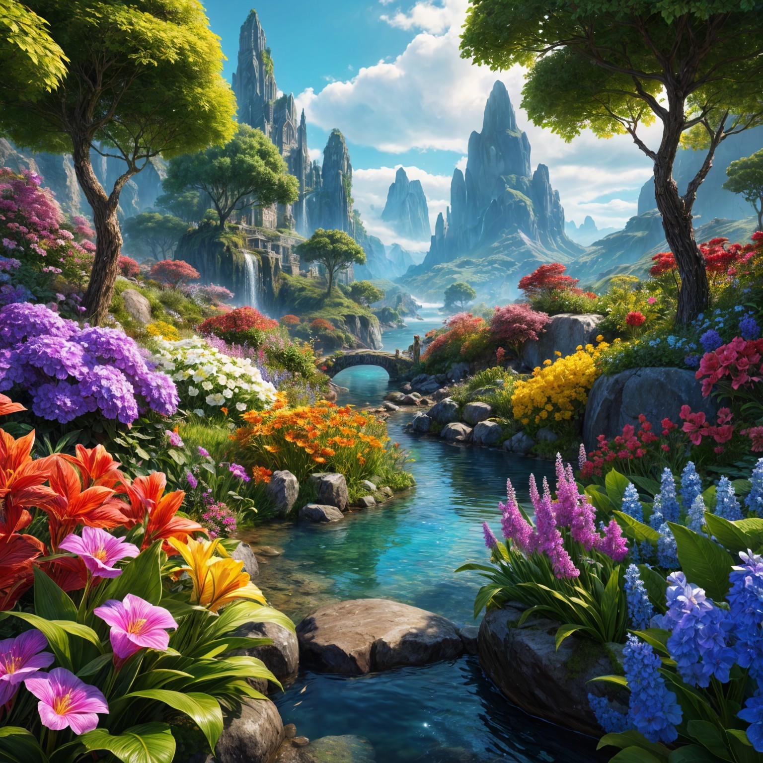 Vibrant Landscape with Flowers and Serene River