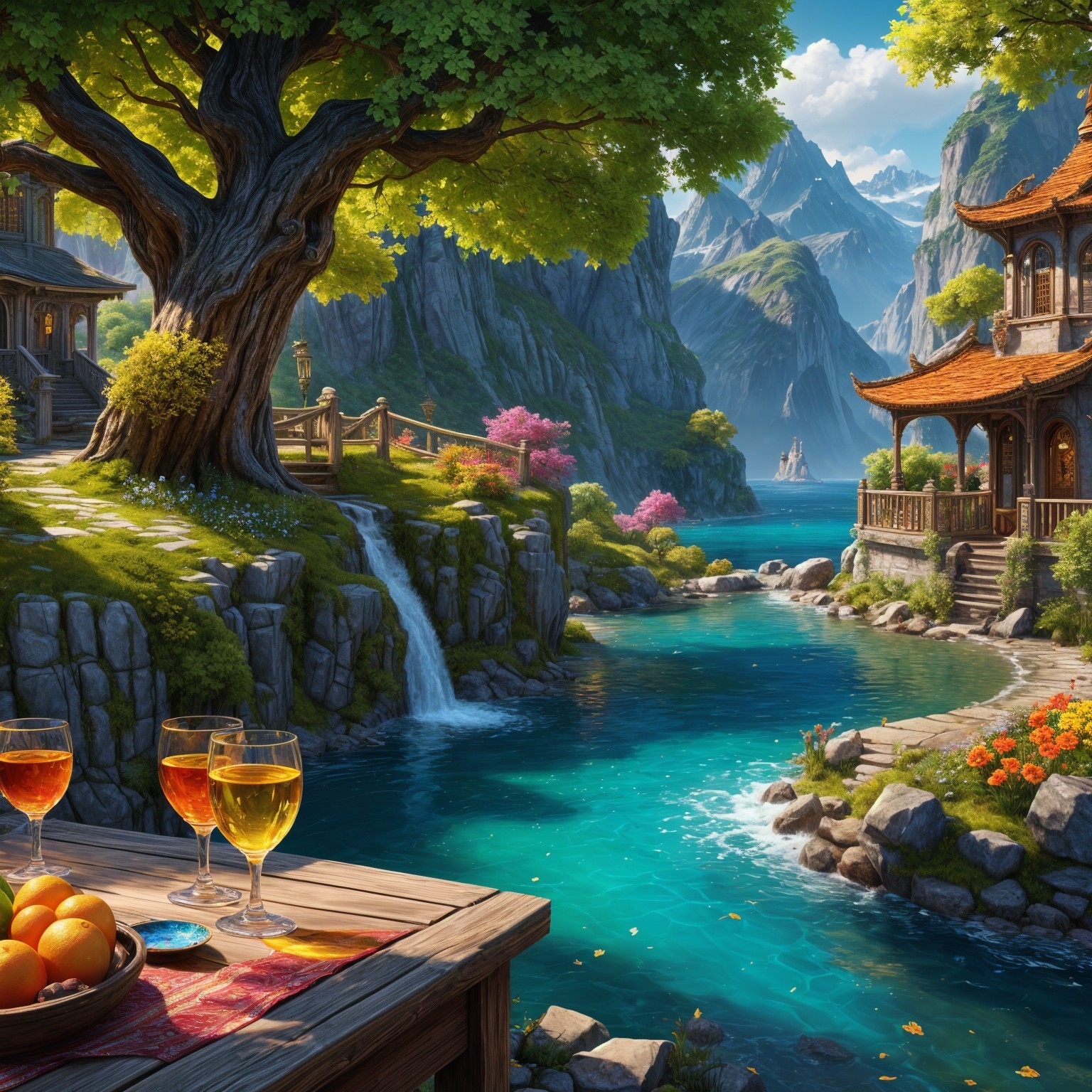 Serene landscape with trees, river, and pagodas