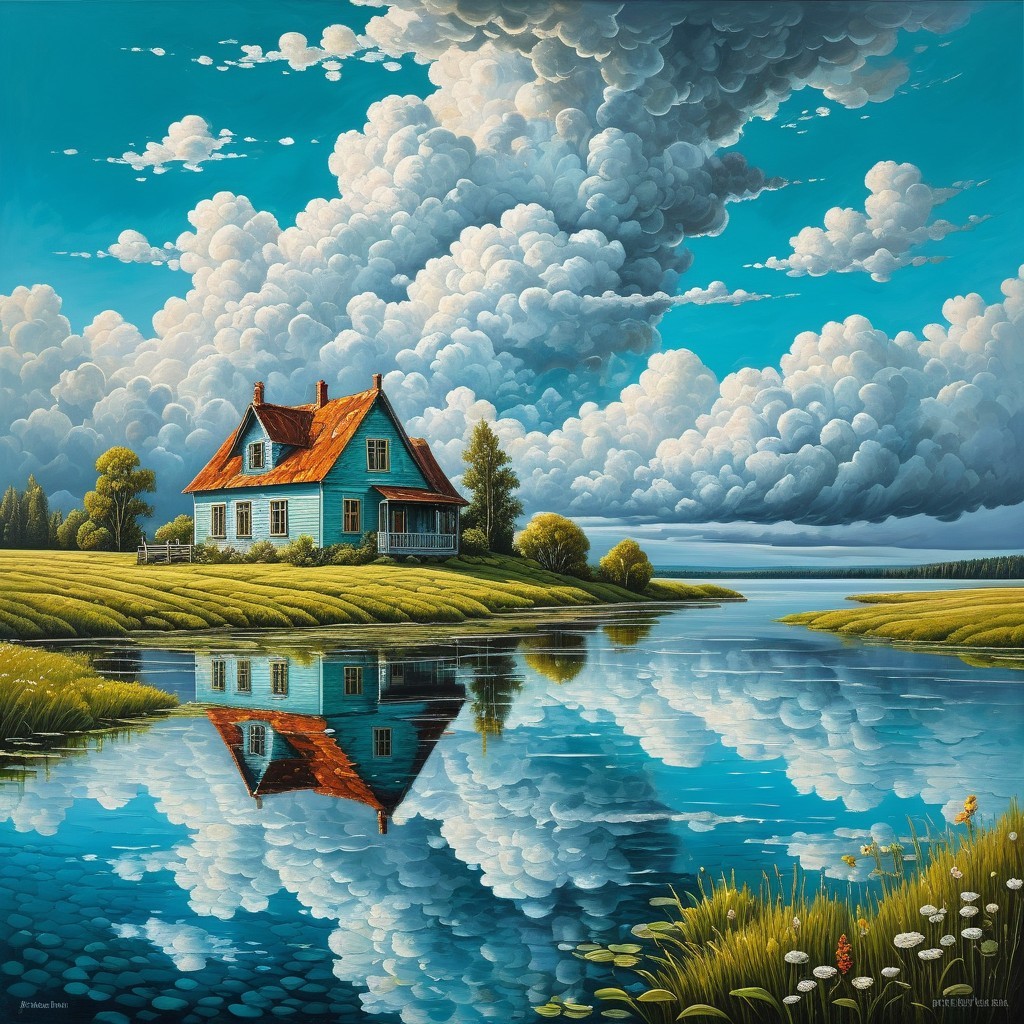Serene landscape with blue house by a calm lake