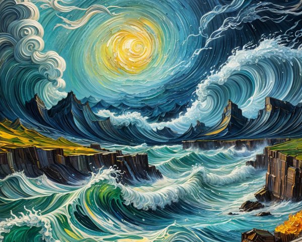 Vibrant Seascape with Tumultuous Waves and Cliffs
