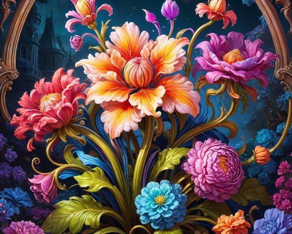 Oversized flowers in vibrant colors with a mystical backdrop