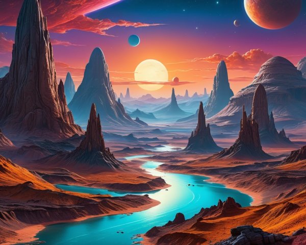 Alien Landscape with Vibrant Colors and Rock Formations