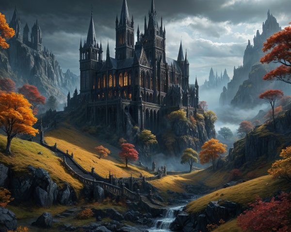 Gothic Castle on Hill Surrounded by Autumn Landscape