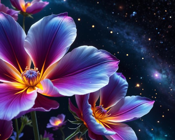 Large Multicolored Flowers Against a Cosmic Backdrop