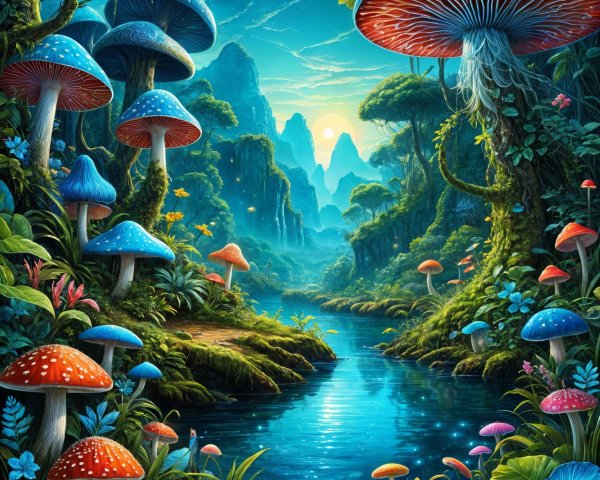 Vibrant Fantasy Landscape with Oversized Mushrooms